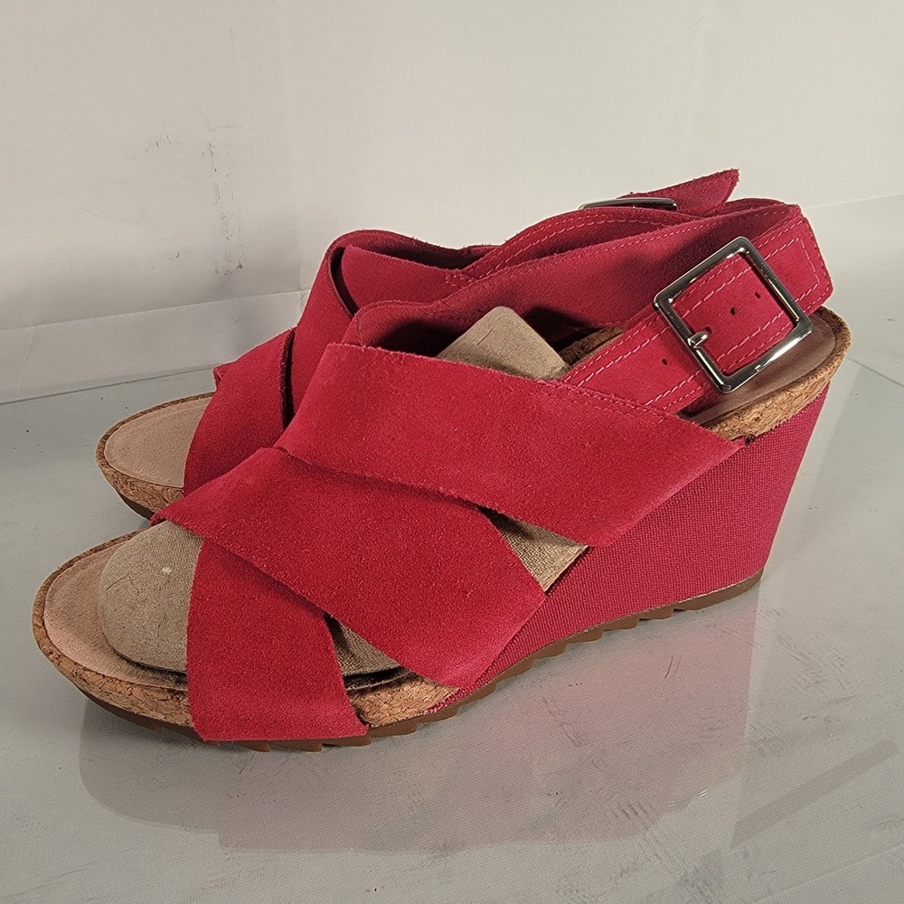 Clark's Women's‎ Pink Suede Flex Slingback Platform Wedge Sandal Buckle Size 9.5